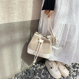 Purpdrank  Straw Woven Design Crossbody Bags For Women Summer Beach Drawstring Bucket Shoulder Bag Big Capacity Designer Handbag