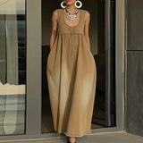 Purpdrank  Fashion Simple Button Pleated Vest Dress Summer Casual Pocket Solid Color Long Dress 2026 Women Elegant U-neck Loose Party Dress