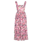Purpdrank  Flower Printed Pleated Waist A-line Dress Sweet Beach Chiffon Fragmented Pink Strap Dresses Fashionable Cake Vestidos Fairy
