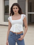 Purpdrank  Women's Summer Chic Jacquard Trendy Shirts Square-Neck Tie Bow Front T-Shirt Cropped Tops Streetwear