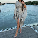 Purpdrank  Women Fashion Draped Split Solid Color Party Dress Elegant Patchwork Slim Midi Dress Casual O-neck Hight Waist Irregular Gowns
