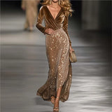 Purpdrank  Women's Style Velvet Patchwork Sequins Luxury Long Dress American Elegant Bodycon Prom Dress Autumn Winter Party Evening Dress