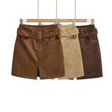 Purpdrank  New Autumn Sexy With Buckle Belt High Waist Suede Pencil Skirt for Women Above Knee Length Package Hips Front Slit Skirts Khaki