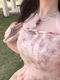 Purpdrank  Summer New Style Korean Version Slimming Pink Rose Print Hanging Neck Dress Short Princess Skirt No Sleeve High Waist