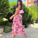 Purpdrank  Elegant Floral Pirnting Summer Dresses Women Spaghetti Strap V-neck Side Split Night Club Party Sexy Bodycon Midi Dress Vestidos