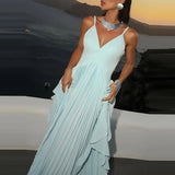 Purpdrank   Summer New Women Commute Robes Luxury V-neck Sleeveless Halter Evening Dress Elegant Pure Color High Waist Ruffles