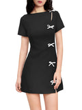 Purpdrank  New Women's Short Sleeve Slim Short Dress with Bow Decoration Solid Color Mini Dress Casual Daily Dress