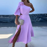 Purpdrank  Women Summer Skew Collar Loungewear Dress, Hollow Out Fashion Solid Elegant Maxi Dress, One Off Shoulder Patchwork Ladies Dress