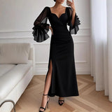 Purpdrank  Women Party Dress Autumn New Slim Fit Trumpet Sleeve Evening Dress Long Flowing Hem Flattering High-waist Holiday Dress