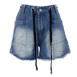 Purpdrank  Women's Blush Denim Shorts High Waist Frayed Hem Drawstring Casual Summer Jean Shorts American Retro Wide Leg A Line Hot Pants