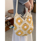 Purpdrank  Ethnic Style Sunflower Woven Bag for Women New Fashionable Tote Vacation Style Beach Bags