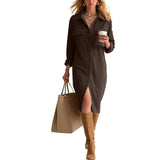 Purpdrank  Women's Corduroy Maxi Dress Lapel Collar Button Down Long Sleeve Casual Shirt Dress With Pockets Loose Side Slit Office Dresses