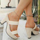 Purpdrank  Women Woven Pu Leather Thick Bottom Slippers Summer Open Toe High Heel Sandals Woman Fashion Wear-Resistant Slip On Slides Mujer