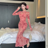Purpdrank  Sexy Long Sleeve Lace Cheongsam Dress Waist Cinched Maxi Skirt for Women Southeast Asia Cross Border Elegant Commute Style