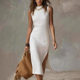 Purpdrank  Fashion Basic Slim Midi Dresses Women's Sexy O-Neck Side Split Sleeveless Solid color Bodycon Robe Commute Vacation
