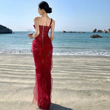 Purpdrank  Red Engagement Dress High-End Luxury Niche Heavy Lace Sexy Corset Bustier Dress Birthday Dress