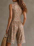 Purpdrank  Spring Summer New Romantic Small Floral Print Shirt Collar Sleeveless Slim Fit Sexy Lace Trim Romper Shorts