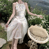 Purpdrank  Summer New Fairy Style Sweet Pure Slim Fit Slimming White Printed Embroidered Strap Dress for Women