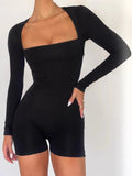 Purpdrank  Women's Casual Jumpsuit Solid Color Long Sleeve Bodysuit Square Neck Slim Stretch Romper with Shorts Trendy Y2K Outfits