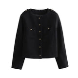 Purpdrank  Luxury Spring Autumn Bomber Jackets New Single-Button O-Neck Pocket Soft Short Tops Long-Sleeve Jacket for Women Harajuku Coats