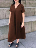 Purpdrank  Summer Fashion Elegant Women's Dress V-neck Cotton Linen Solid Color Pleated Short Sleeve Casual Pocket Split Long Dress