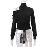 Purpdrank  New Autumn Fashion Black T Shirt Women Elegant Turtleneck Exposed Long Sleeve Slim Fit Casual Female Shirt Tops