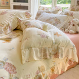 Purpdrank  Flower Skin-friendly Washed Cotton Bedding Set Duvet Cover Set Korean Lace Ruffles Quilt Cover Soft Cover Bed Linen Pillowcases