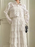 Purpdrank  Luxury Women's Blouse Set and Skirt Flower Hollow Hook Lace Shirt+High Waist Cake Skirt Set New Collection White Dress Set