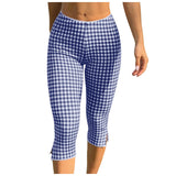 Purpdrank  Women Gingham Plaid Capri Leggings Lace Trim Waist Split Hem High Waist Slim Fit Casual Summer Pants Y2k Aesthetic Streetwear