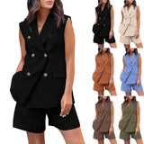 Purpdrank  Spring Summer Women Office Shorts Suit Set Solid Khaki Sleeveless Halter Outfit 2 Piece Matching Sets For Women