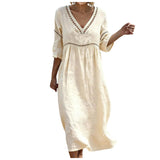 Purpdrank  Women's Casual Cotton Linen Dress Elegant Lace Trim Openwork V Neck Solid Color Loose Fit Summer Dress Boho Flowy Office Dresses