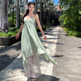 Purpdrank  French Style Niche Stunning Green V-neck Strap Dress for Women Summer Beach Vacation Pure Desire Sexy Backless Long Dress