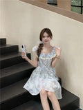 Purpdrank  French Ruffled Lace Square Neck Small Flying Sleeve Floral Dress Summer New Style Waist-hugging Short Skirt