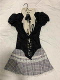 Purpdrank  Harajuku Summer Women 2 Piece Set Gothic Lace Slim Tops + Elastic Plaid Short Skirt Female Retro High Street Y2k Design Outfits