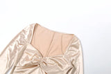 Purpdrank  Women's Elegant Champagne Square Neck Long Sleeve Maxi Dress New Stylish Ruched Slim Bodycon Dress for Eveing Party Gown