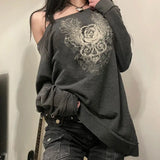 Purpdrank  Vintage Clothes Sweatshirts Rose Print Slanted Neck Off Shoulder Long Sleeved Top Women Casual Hoodie Harajuku Street
