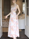 Purpdrank  Elegant Floral Print Sleeveless Maxi Dress Cut-out Waist Design Party Sexy  Backless Straps Colorful Halter Evening Long Dresses