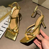 Purpdrank  New Fashion Pinch Narrow Band Women Sandals 2025 Summer Square Open Toe Ankle Buckle Strap High Heels Ladies Shoes