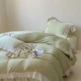 Purpdrank  French Double Layer Lace Ruffles Seersucker Bedding Set Duvet Cover Set Bedsheet Pillowcases INS Style Girls Room Bed Linen Set