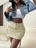 Purpdrank  Women Sexy Plain Denim Short Skirt Flip Pocket Button Denim Mini Skirt Summer