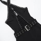 Purpdrank  Sexy Hole Drawstring Bandage Backless Women Rompers 2025 Fashion Ladies Halter Jumpsuits Straight Pant Outfit Goth Black Overall