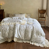 Purpdrank  Rose Flowers Print Lace Ruffles Bedding Set Lyocell Soft Silky Cool Feeling Duvet Cover Flat/Fitted Bed Sheet Pillowcase 4Pcs