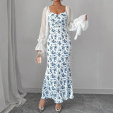Purpdrank  European and American New Women's Clothing Women's Long Sleeve Chiffon Patchwork Knitted Printed Bodycon Maxi Dress