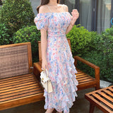 Purpdrank  Flower Printed Dress Women Vintage Summer Slash Neck Elegance Dresses Ladies Luxury Design Puff Sleeve Clothing Female