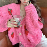 Purpdrank  Women's Retro Sweet Strawberry Knitted Cardigan V-Neck Loose Lazy Style Spring Autumn Winter Sweater Jacket