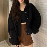 Purpdrank  Short Denim Coat Female Tide ins Autumn and Winter Loose Korean Version of Everything Casual Tooling Small Top Solid Color