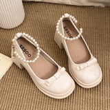 Purpdrank  Elegant Pearls Chain High Heels Mary Jane Shoes Women 2025 Bowknot Thick Heel Pumps Woman Round Neck Patent Leather Party Shoes