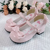 Purpdrank  Lolita Style Cute Round Head  Jane Pumps With Bow Women's Sweet Party Dress Midi Heels Shoes Fashion PU Sandals