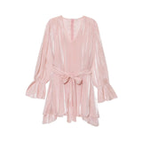 Purpdrank  European style new women's fashion versatile temperament solid color V-neck lace long-sleeved dress
