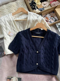 Purpdrank  Twist Flower Knitted Cropped Cardigan T-shirt Women Sexy V-neck Single Breasted Short Sleeve Tees Vintage Simple Cotton Crop Top